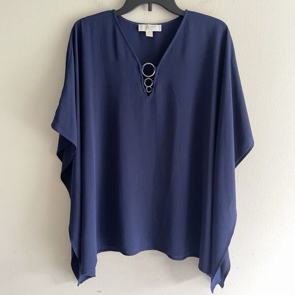 Michael Kors Poncho Blouse Top Womens Oversized M V Neck Navy Blue Chiffon - Picture 8 of 8